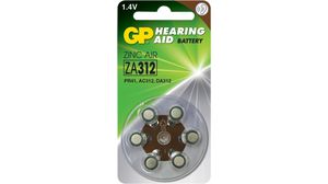 Hearing Aid Battery, Zinc-Air, 1.4V, 170mAh, Pack of 6 pieces